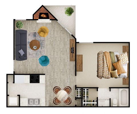 Floor plan for 1 bed, 1 bath, 727 sqft